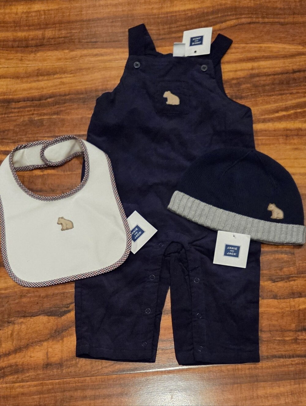 Janie and Jack NWT 6-12 Months Corduroy Overalls, Sweater Hat and Bear Bib